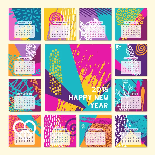 2018 divertido color dibujado a mano calendario de año nuevo — Archivo Imágenes Vectoriales