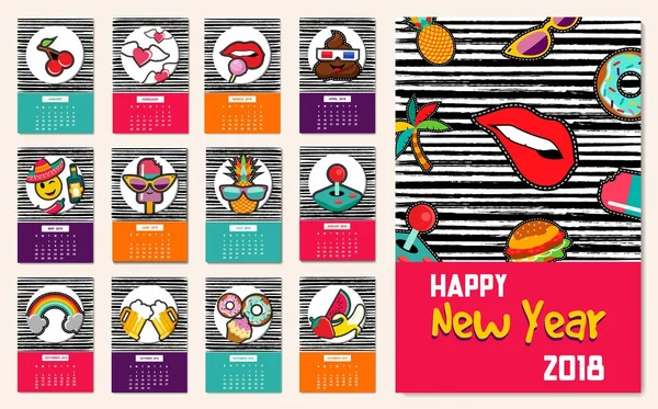 Año Nuevo 2018 icono de parche cómico conjunto plantilla de calendario — Archivo Imágenes Vectoriales