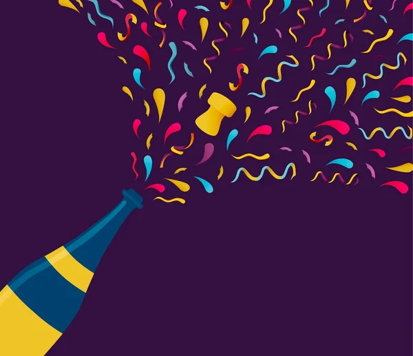 新年彩色香槟瓶飞溅卡 — 图库矢量图片