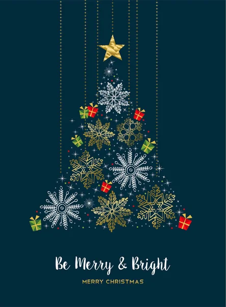 Neşeli Noel altın kış kar çam ağacı kartı — Stok Vektör