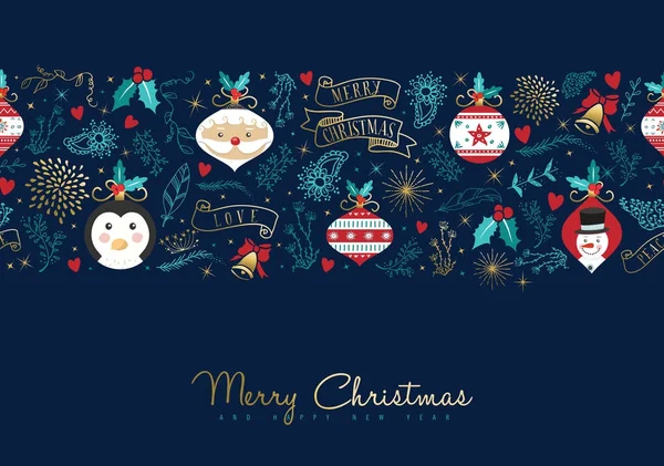 Jul och nyår guld tecknade gratulationskort — Stock vektor