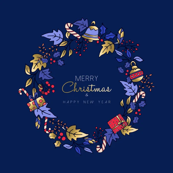 クリスマスと新年のかわいいゴールド アイコン花輪カード — ストックベクタ