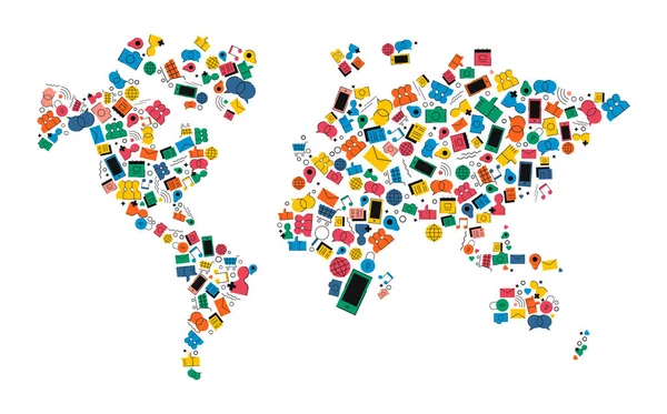 Red de redes sociales mapa del mundo icono forma concepto — Vector de stock