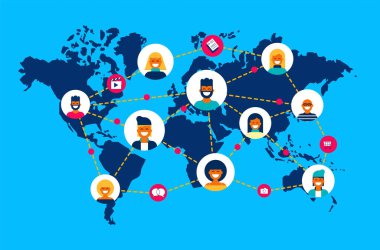 Sosyal ağ dünya bağlantı konsept illüstrasyon. Ekibim farklı insanların online dünya çapında harita Internet faaliyet yapıyor. Eps10 vektör.