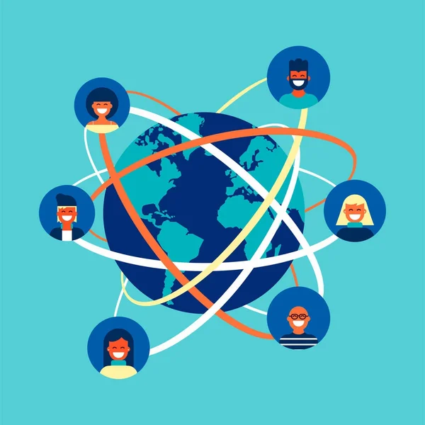 Sociaal Netwerk Wereld Verbinding Concept Illustratie Team Van Diverse Mensen — Stockvector