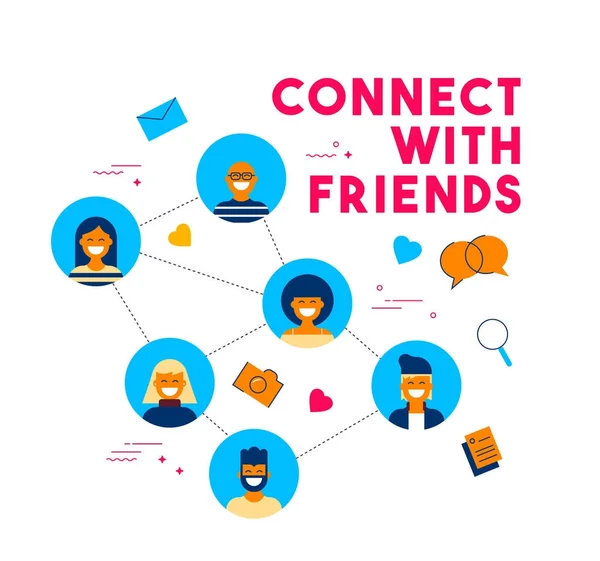 以平面风格与好友概念图连接 人们团体在社交媒体网络上进行网上活动 Eps10 — 图库矢量图片