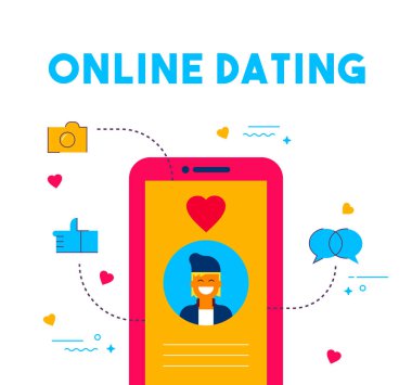 Modern düz dating online sanat kavramı illüstrasyon, sosyal medya tarihi app adam avatar ile telefon ekranında. Internet aşk bağlantısı ve web simgeler. Eps10 vektör.