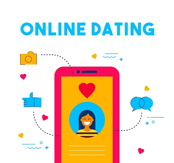 オンライン デートの近代的なフラット アート コンセプト イラスト 女の子アバターで電話画面でソーシャル メディア日付 App インターネットの愛の接続と Web — ストックベクタ