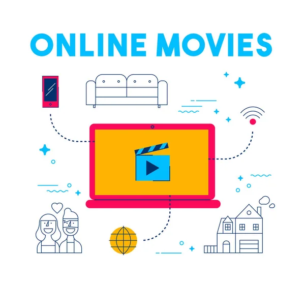 Online Movie Streaming Modern Flat Art Concept Illustration Laptop Computer — Stock Vector