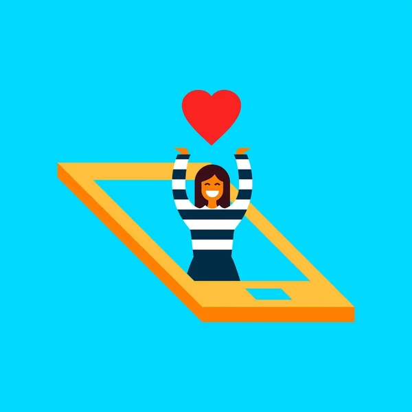 社会媒体网络爱的概念例证在现代平的样式 女孩的手机里面有心脏或类似的符号 Eps10 — 图库矢量图片
