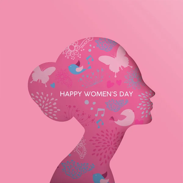 Glückliche Frauen Tag rosa Blumenmädchen Ausschnitt Grußkarte — Stockvektor