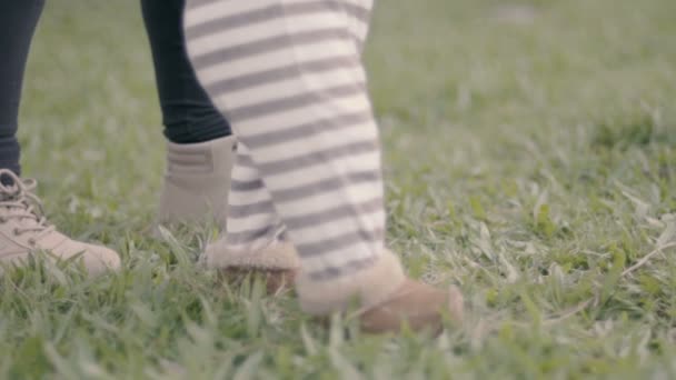 Niño Caminando Primeros Pasos Aire Libre Hierba Con Ayuda Madre — Vídeos de Stock