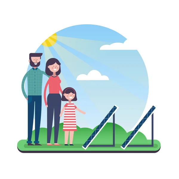 Eco friendly family with solar panels outdoor — Stock Vector