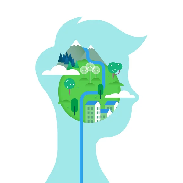 Un homme avec une planète verte en tête pour les soins de l'environnement — Image vectorielle