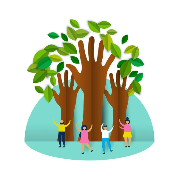 Happy eco friendly people group with paper trees — Stock Vector