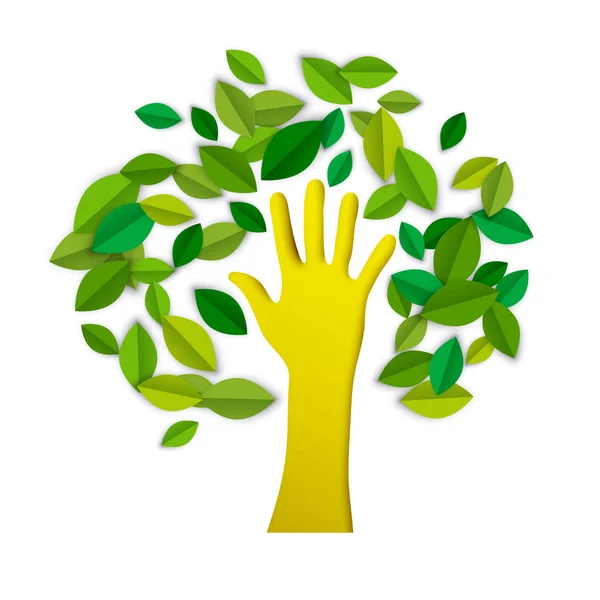 Hand boom papier knippen kunst voor milieu zorg — Stockvector