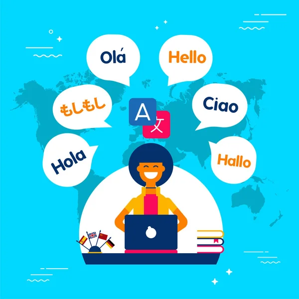 Traductor de idiomas chica utilizando la aplicación de redes sociales — Vector de stock