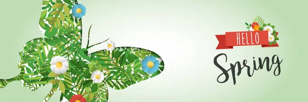 Olá Primavera borboleta papel recorte web banner —  Vetores de Stock