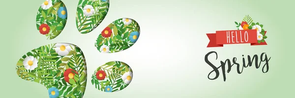 Hallo Frühling Tier Pfote Papier Ausschneiden Web-Banner — Stockvektor