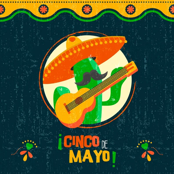 Cinco de mayo karta zábavy mexické mariachi kaktus — Stockový vektor