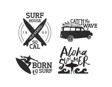 Retro yaz sörf etiket kümesi sörf erkekler
