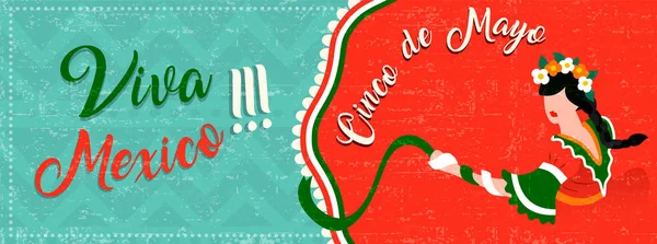 Cinco de mayo web banner com mulher latina dançando — Vetor de Stock