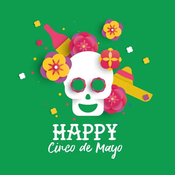 Gott Cinco de Mayo papper skalle och blomma kort — Stock vektor