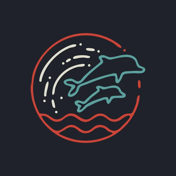 Summer dolphin line art icon in retro colors — Stock Vector
