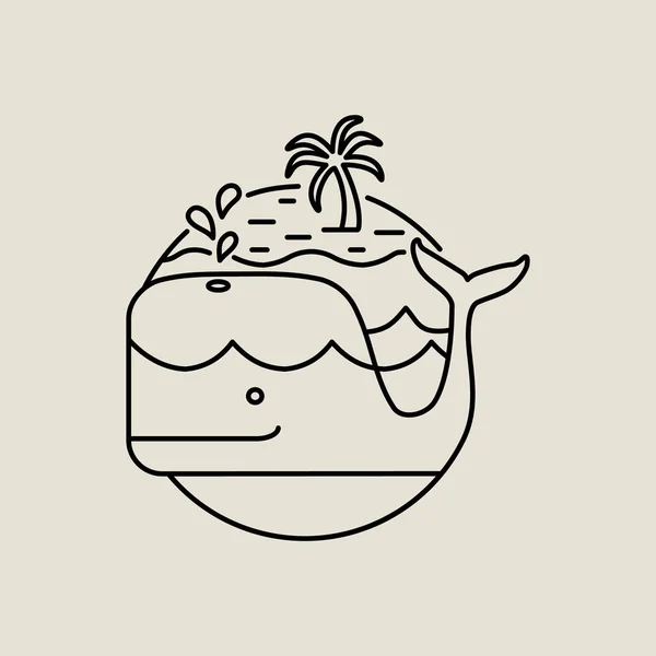 Icono de ballena en arte de línea plana con isla tropical — Vector de stock