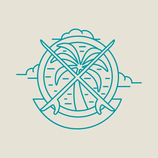 Тропическая летняя икона пальмы с досками для серфинга — стоковый вектор