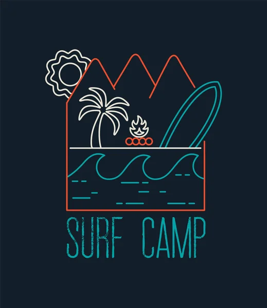 Surf camp citation textuelle avec des icônes ligne art plage — Image vectorielle