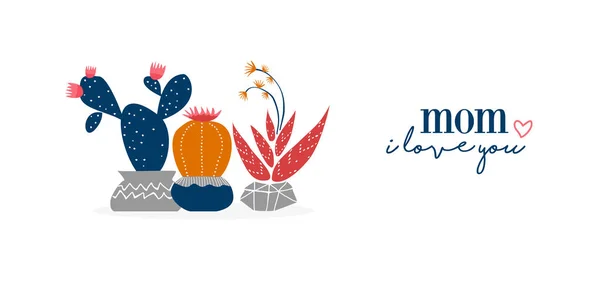 Día de la madre cactus planta flores web banner arte — Vector de stock