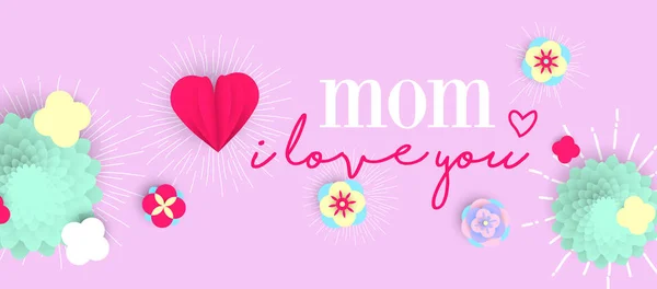 Feliz madre día 3d papel arte floral web banner — Vector de stock