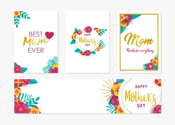 Felice giorno della madre primavera fiore arte carta set — Vettoriale Stock