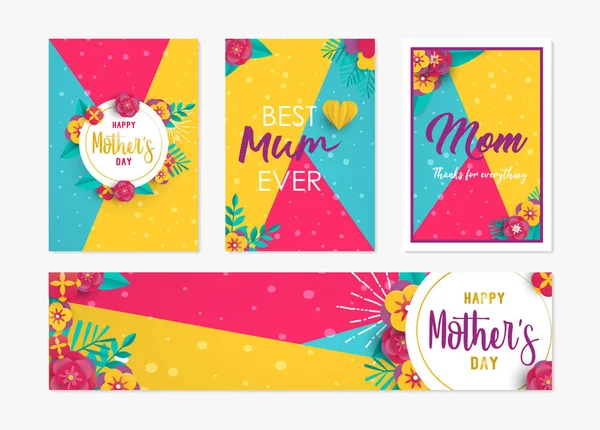 Anneler günü kartı etiket kağıt çiçeklerle ayarla — Stok Vektör