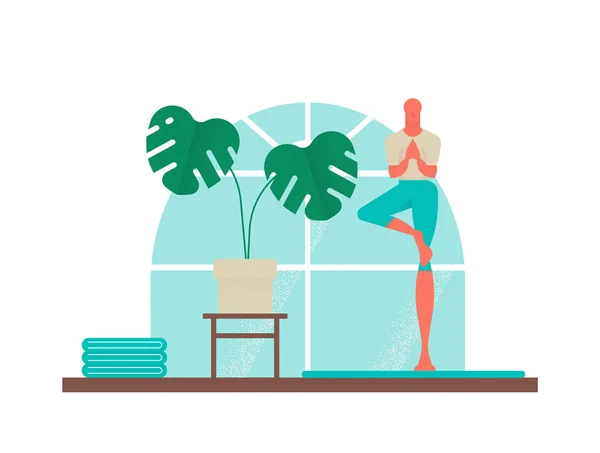 Garçon faisant pose arbre de yoga pour un mode de vie sain — Image vectorielle