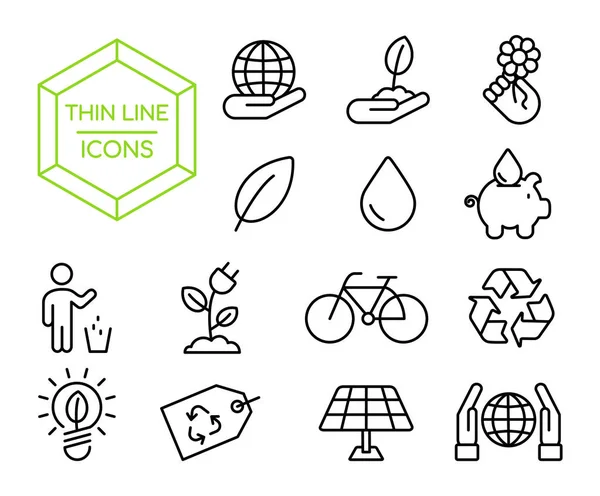 Grüne umweltfreundliche Umwelt Thin Line Icon Set — Stockvektor