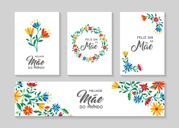 快乐母亲节葡萄牙花卉艺术卡套装 — 图库矢量图片