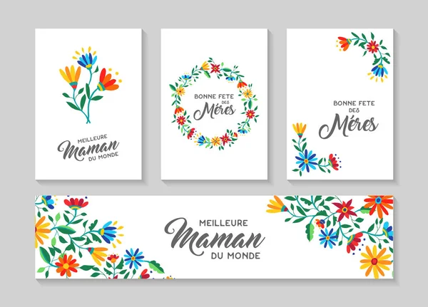 Mutlu anneler günü çiçek kartı ve etiket kümesi Fransız — Stok Vektör