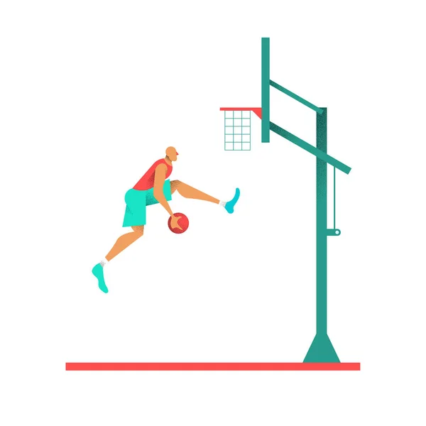 Basketball Player Jumping Basket Hoop Ball Illustration Sport Athlete Boy — Stock Vector