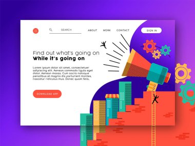 Haber app ve sosyal ağ Web açılış sayfası şablonu. Modern tarzı Internet düzeni düz resimde arka plan ile. Eps10 vektör.