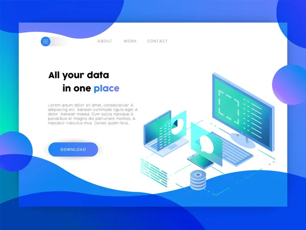 Web ビジネス ランディング ページ テンプレートです オンライン技術コンピューター データのアイソメ図とアプリ ダウンロード ボタン レイアウト — ストックベクタ