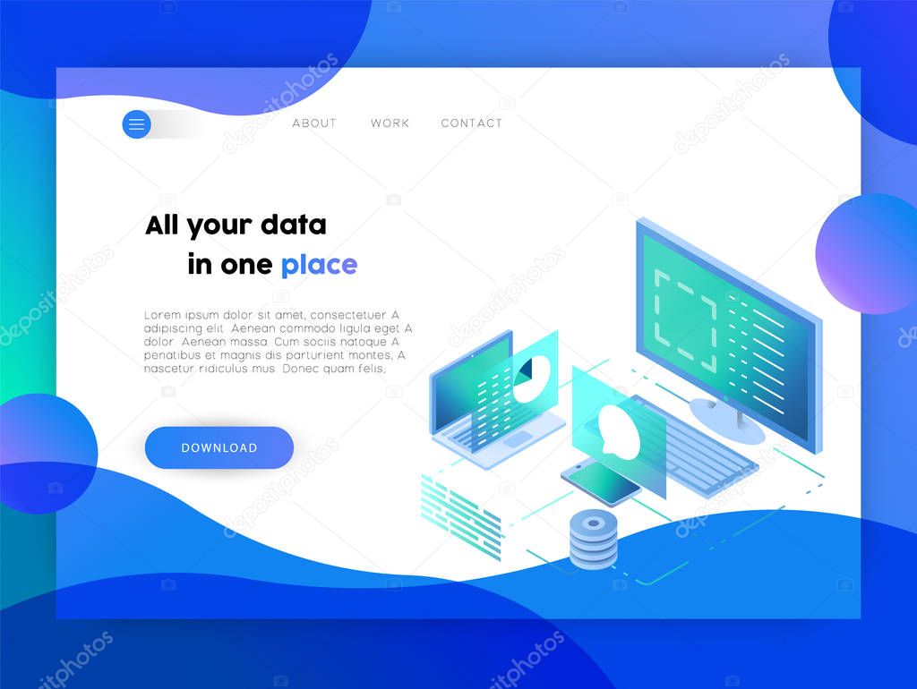 Web business landing page template. Online technology layout with computer data isometric illustration and app download button. EPS10 vector.