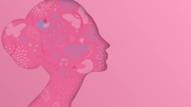 乳がん啓発月紙カット女性は健康サポートのためのシルエット4Kループアニメーション ピンクリボンに直面しています 2番目の概念プレゼンテーション映像現代的なキャンペーンテンプレート — ストック動画
