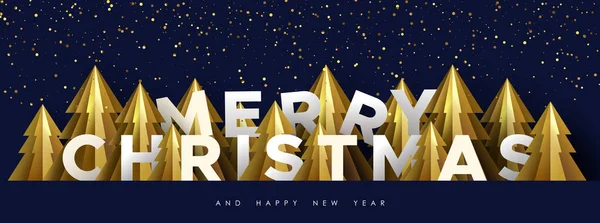 Merry Christmas banner van goud papier gesneden dennenboom — Stockvector