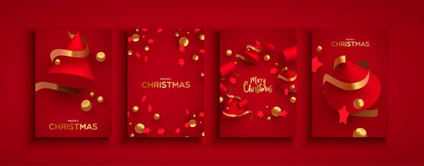 Natal Ano Novo abstrato 3d conjunto de árvores de ouro vermelho — Vetor de Stock
