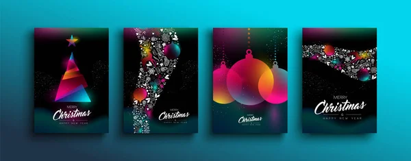 Christmas New Year color holographic neon card set — Stock Vector