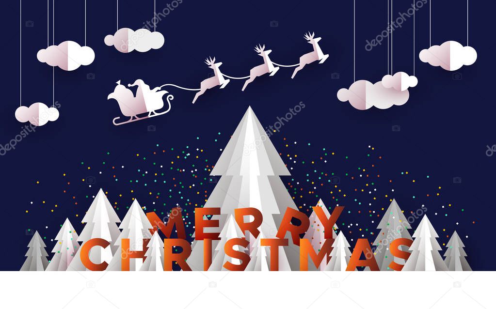 Christmas card papercut pine tree santa deer sled
