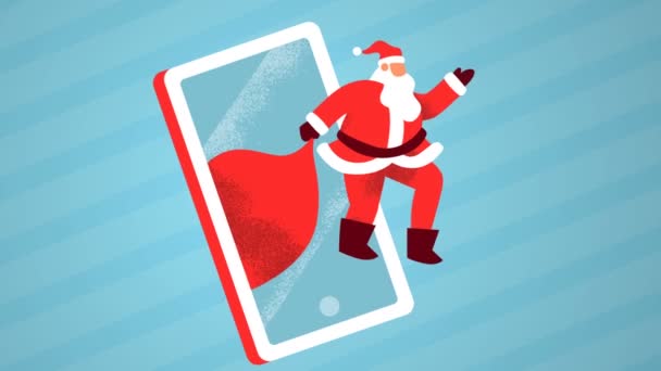 携帯電話と冬の雪のフレークでこんにちは手を振って面白いサンタクラスの男のクリスマスセールアニメーション オンラインショッピングのための休日のビジネスプロモーションテンプレート 4Kのクリスマスの映像 — ストック動画