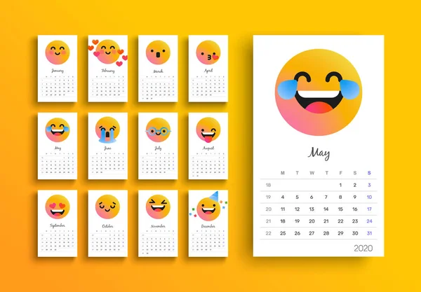 2020 rok uśmiechnięty twarz kalendarz szablon — Wektor stockowy